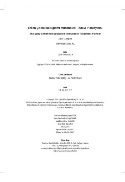 ERKEN ÇOCUKLUK EĞİTİMİNDE MÜDAHALE Tedavi Planlayıcısı THE EARLY CHILDHOOD EDUCATION INTERVENTİON - Arthur E.Jongsma & Julie A. Winkelstern